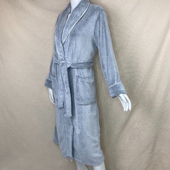 Oscar de la Renta Pink Label Plush Gray Shawl Collar Robe Satin Trim Belt - Picture 3 of 14